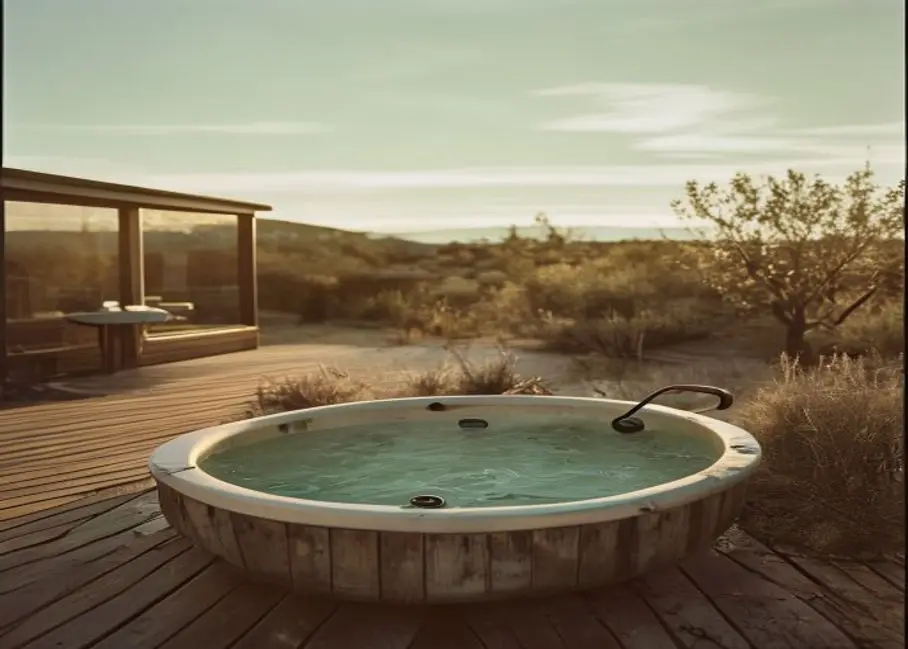 An old empty hot tub in a high-desert backyard beside a wooden deck