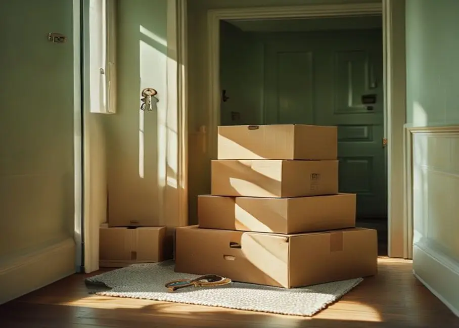 Stacked moving boxes and a rolled rug beside a front door in a bright hallway