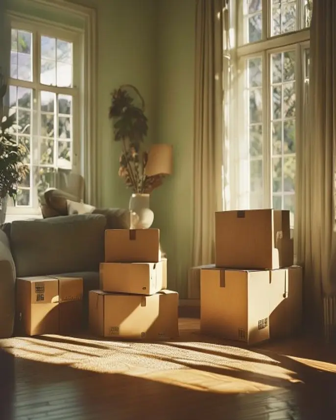 Estate cleanout with moving boxes in a living room