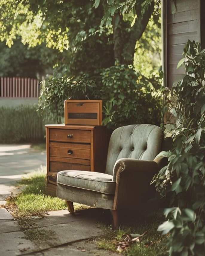 A leather armchair and dresser on the curb, ready for pickup