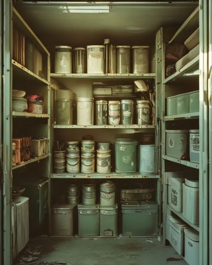 A packed storage space with shelves of boxes, tools, and household goods