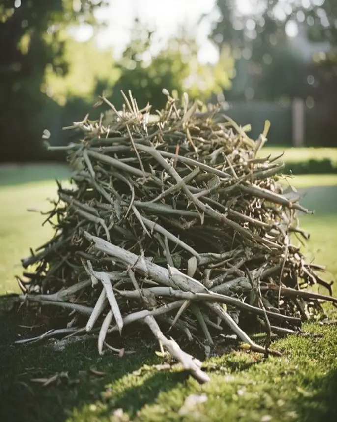 A cleared pile of branches and yard waste on a lawn